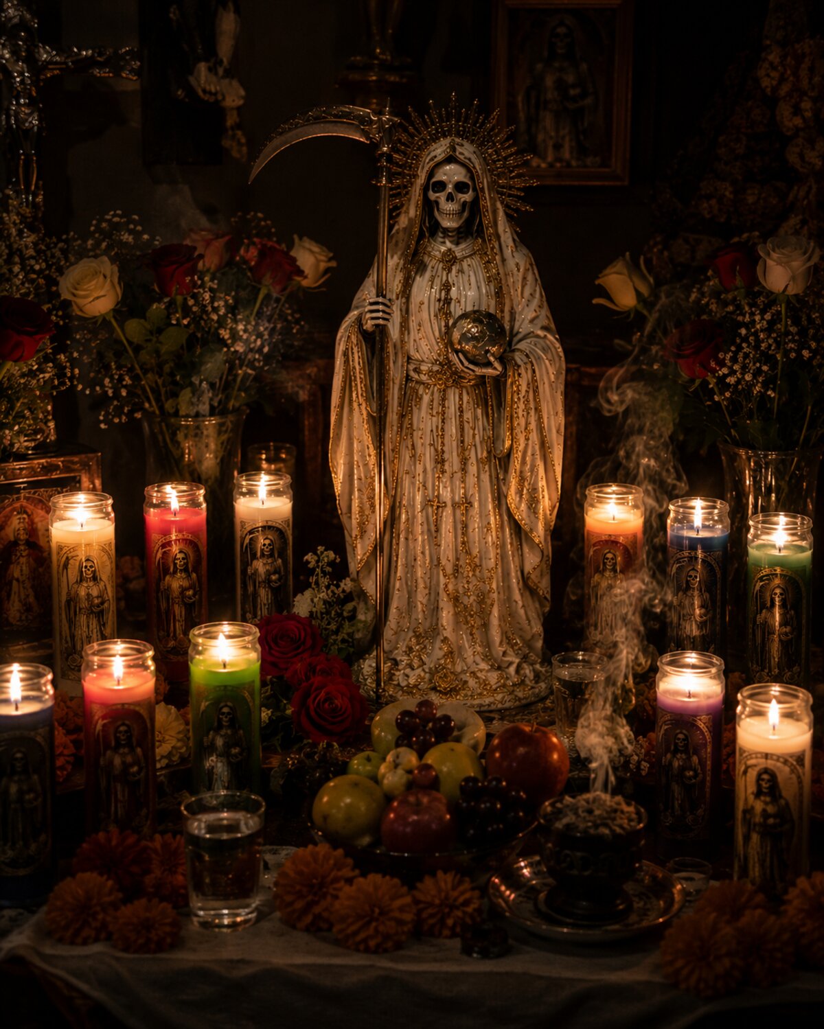 Altar completo a la Santa Muerte con veladoras, flores, fruta e incienso