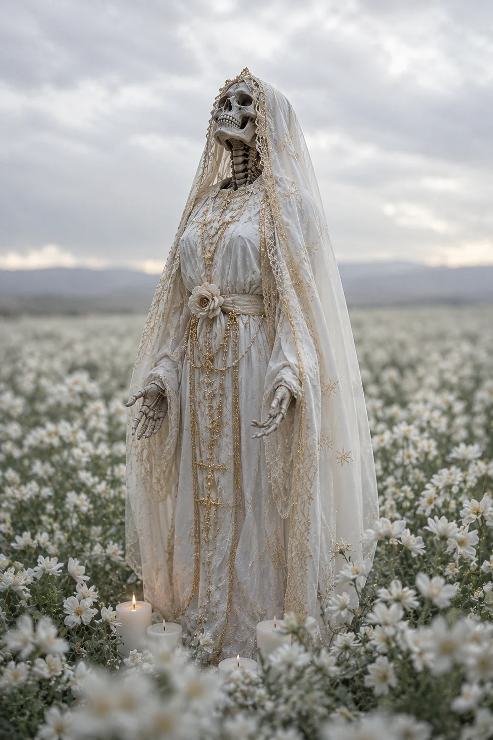Estatuilla de la Santa Muerte con manto blanco de pie en un campo de flores, mirando al cielo