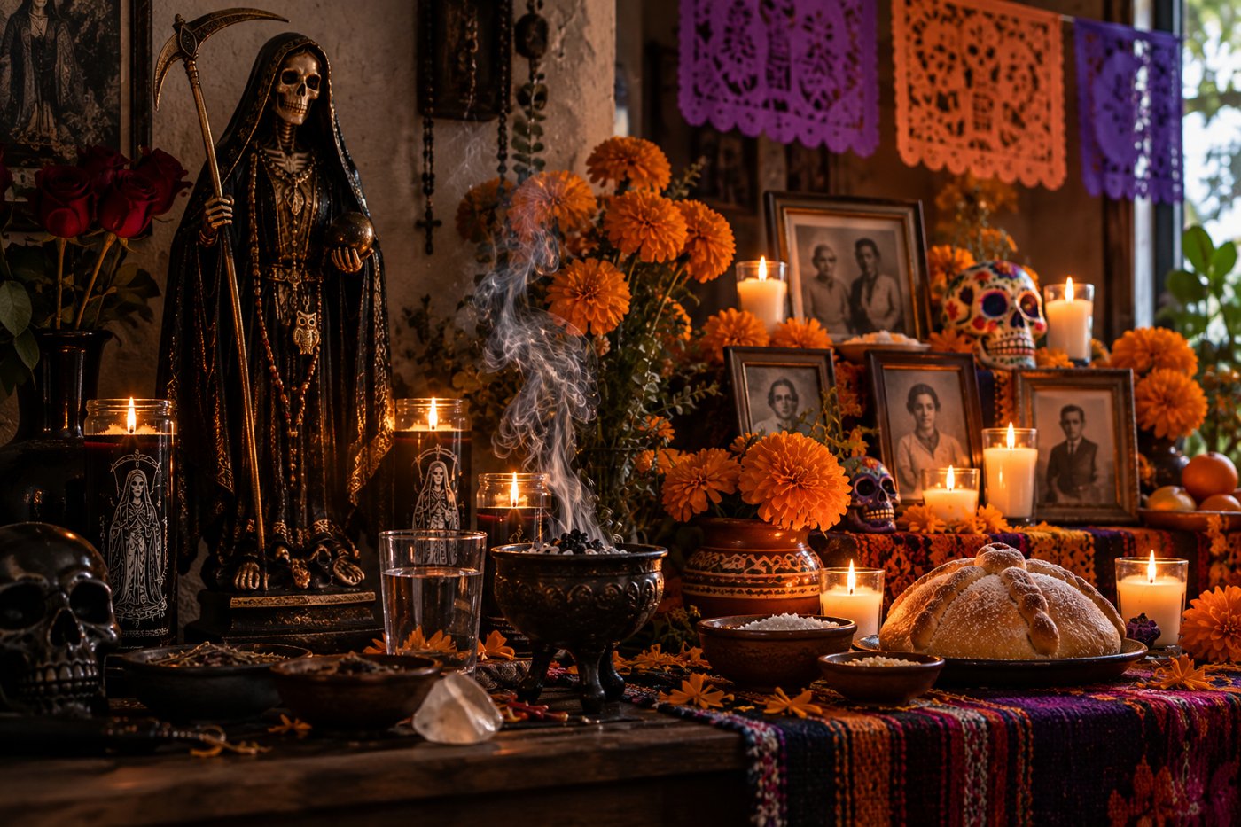 Altar doméstico a la Santa Muerte con papel picado, cempasúchil, fotografías familiares, pan de muerto y copal encendido
