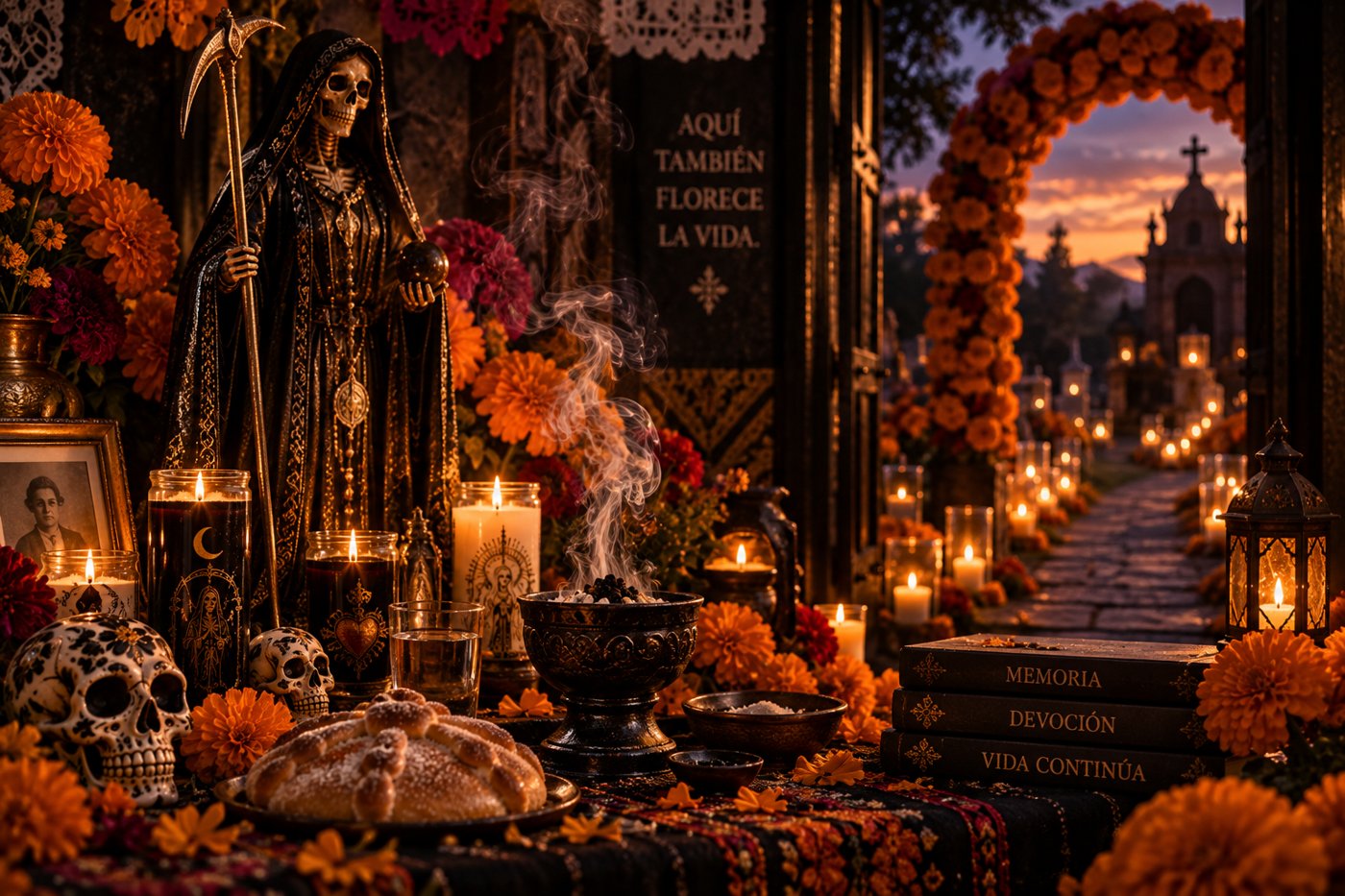 Altar nocturno con estatuilla de la Santa Muerte, flores de cempasúchil, pan de muerto y calaveras, junto a la entrada de un cementerio iluminado con veladoras
