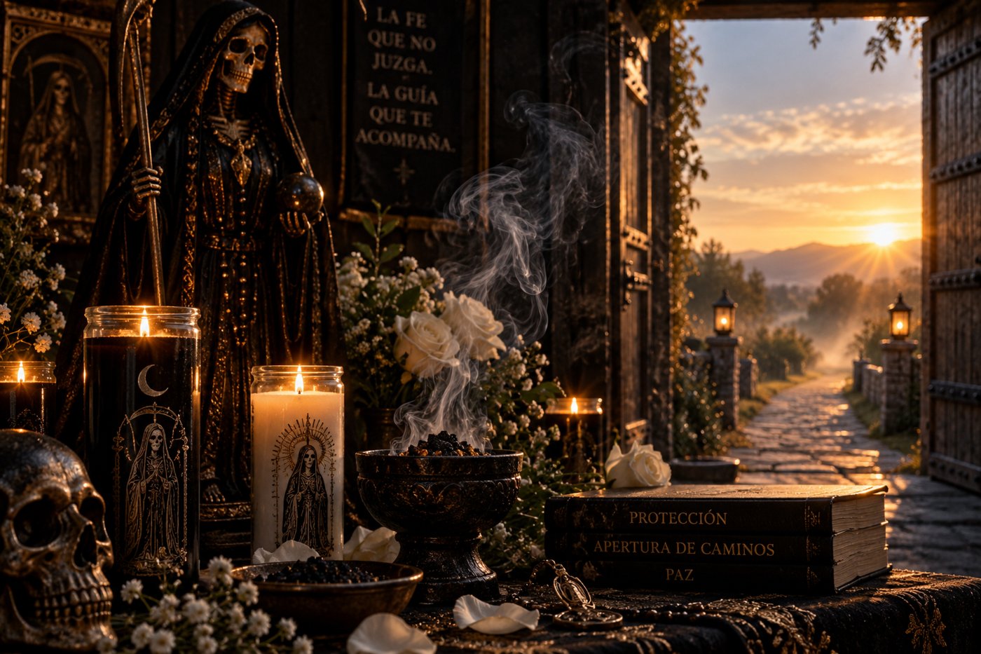 Altar nocturno con veladoras negra y blanca, incienso de copal, y un camino de piedra que se abre hacia un amanecer al fondo