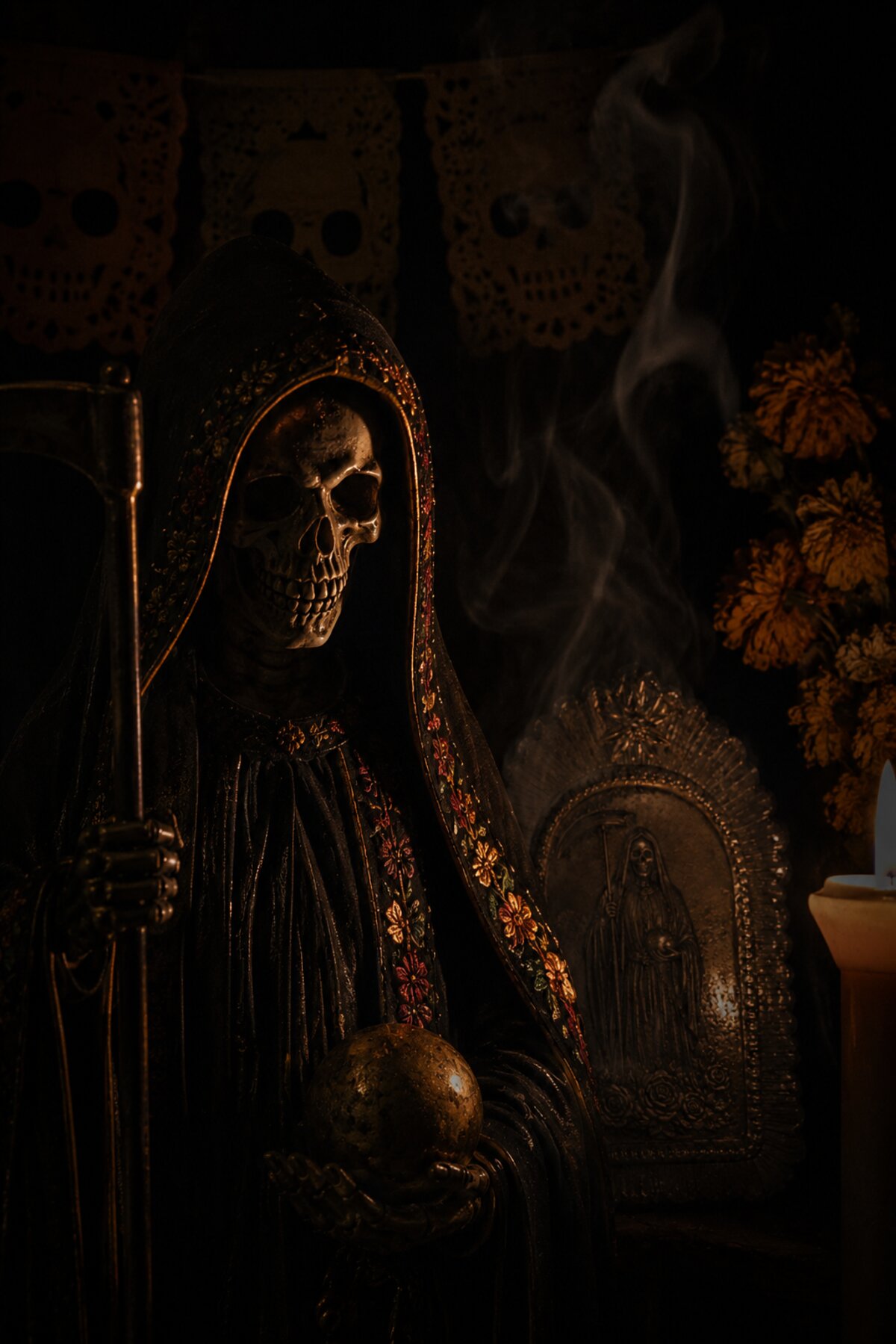 Estatuilla de la Santa Muerte con manto oscuro, papel picado y un retablo de hojalata al fondo