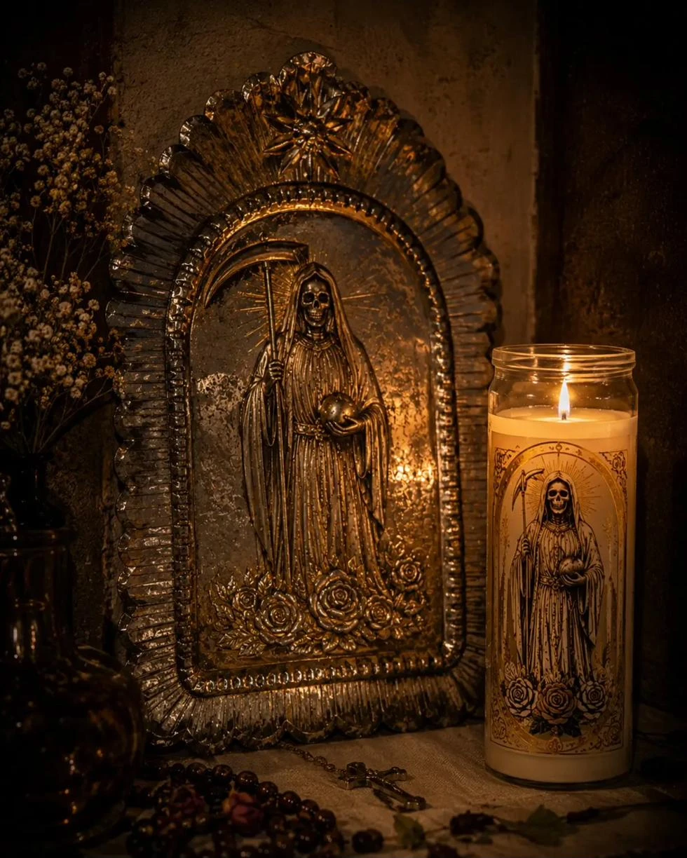 Retablo antiguo de hojalata de la Santa Muerte junto a una veladora encendida