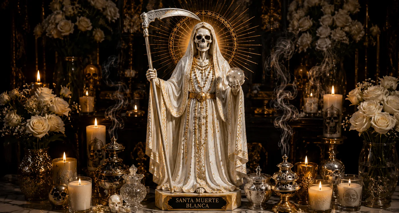Estatuilla de la Santa Muerte Blanca sobre un altar con rosas y veladoras encendidas