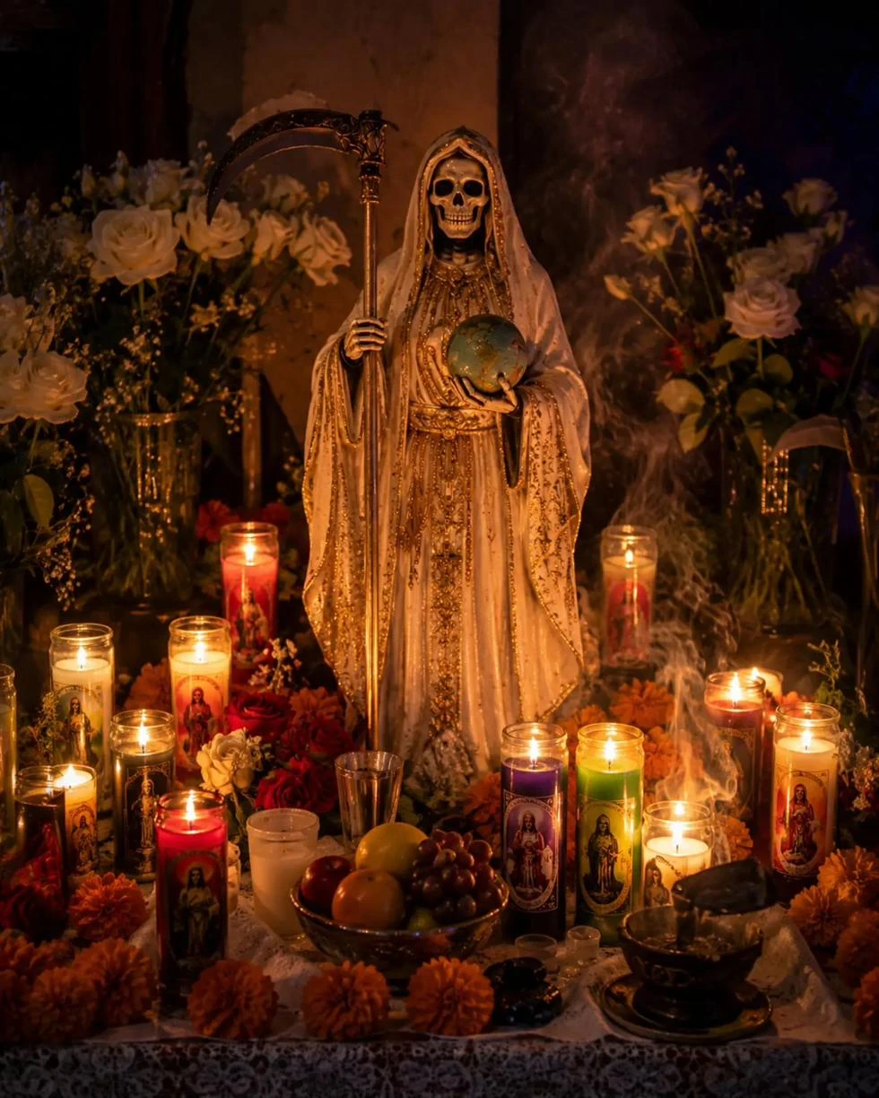 Las siete veladoras de la Santa Muerte: blanca, roja, dorada, negra, verde, azul y morada