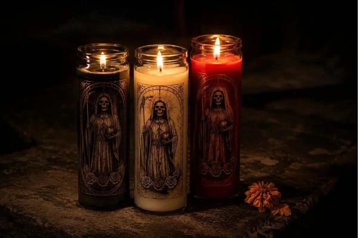 Tres veladoras de la Santa Muerte: negra, blanca y roja, con una flor de cempasúchil