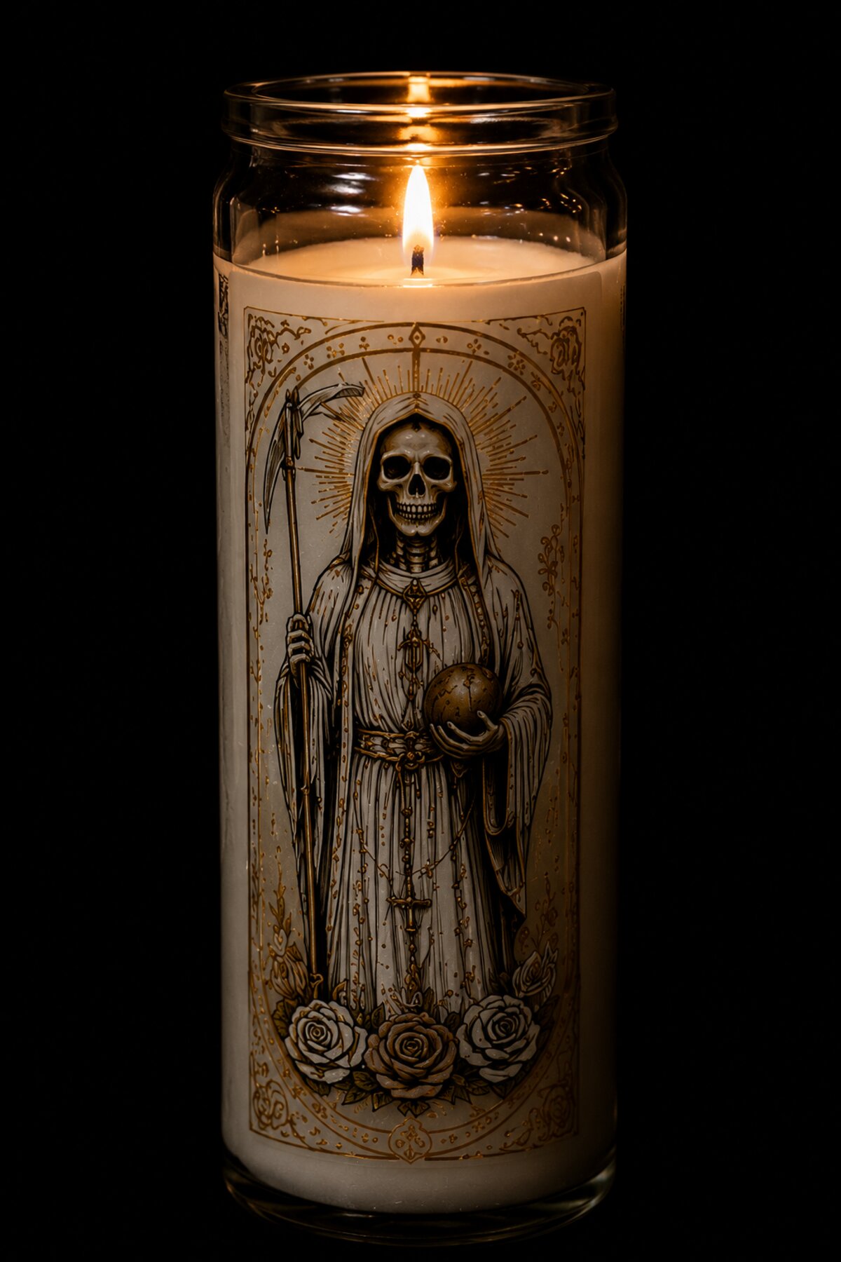 Veladora blanca de la Santa Muerte encendida sobre fondo oscuro